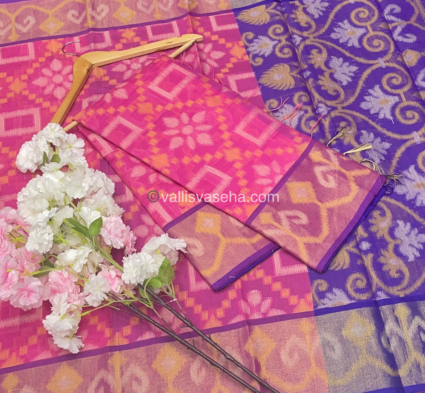 Banarasi Pochampally Weaving Semi Soft Cotton Saree - Pink with Purple - VVBPS001