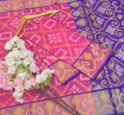 Banarasi Pochampally Weaving Semi Soft Cotton Saree - Pink with Purple - VVBPS001