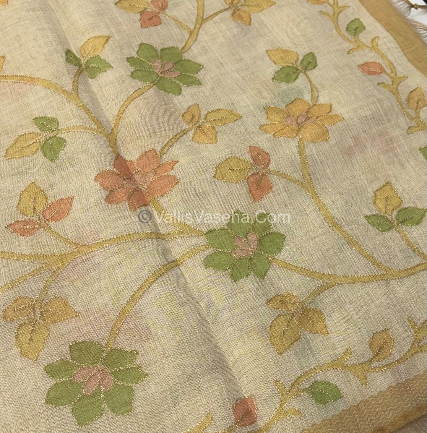 Tissue Linen Saree - Cream With Yellow Shade - VVTLS002