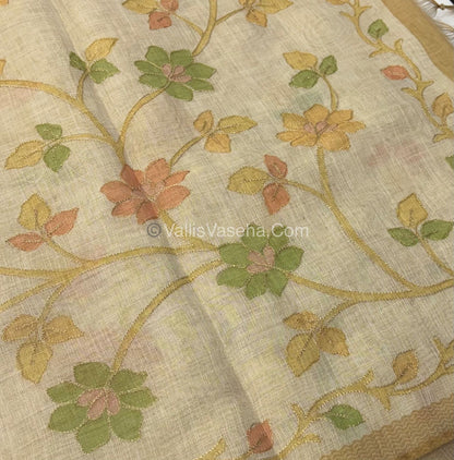 Tissue Linen Saree - Cream With Yellow Shade - VVTLS002