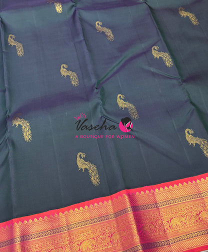 Pure Vintage Korvai Kanchipuram Silk Saree - Dual Tone Green With Peach - VVPS099