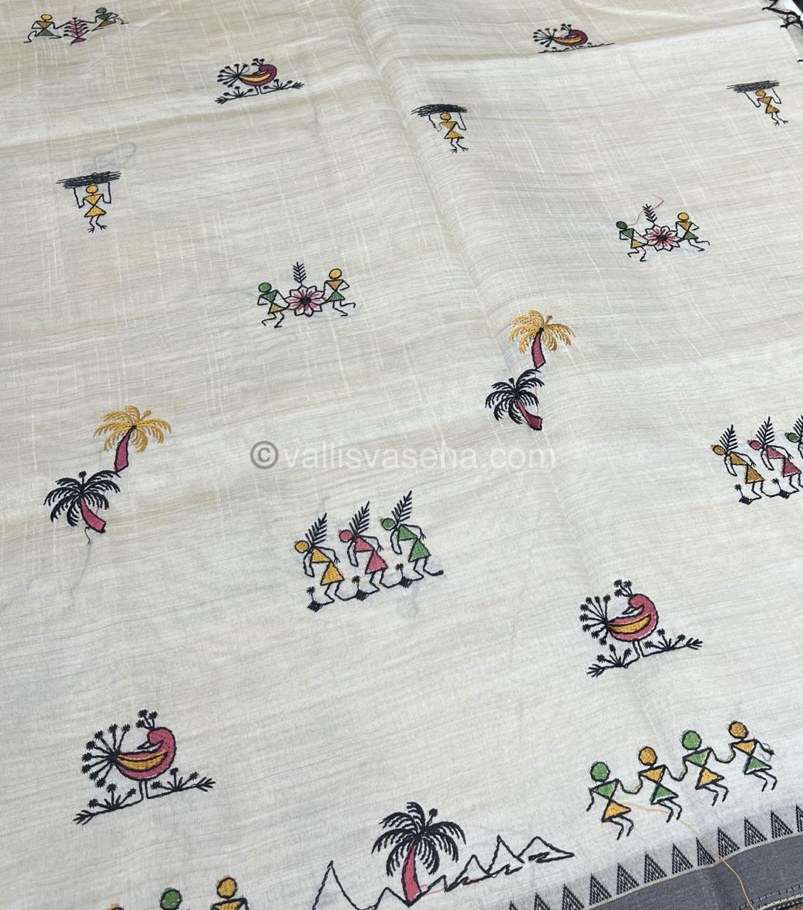 Semi Tussar Embroidery - Cream with Greyish Black Combo - VVSTE001