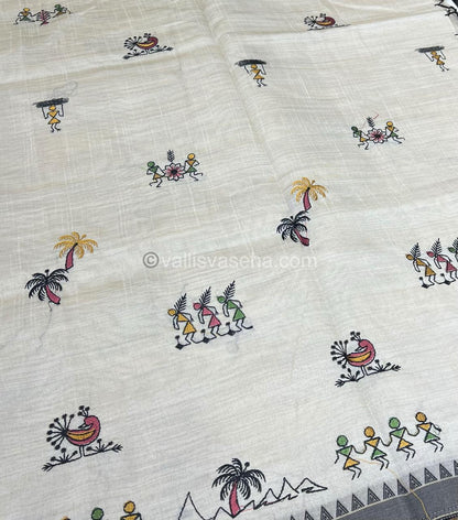 Semi Tussar Embroidery - Cream with Greyish Black Combo - VVSTE001