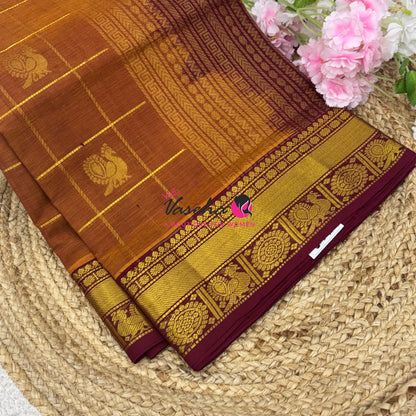 Pure Silk Cotton Saree - Mayil & Chakkaram Design - Rust Orange With Maroon Shade - VVMC001