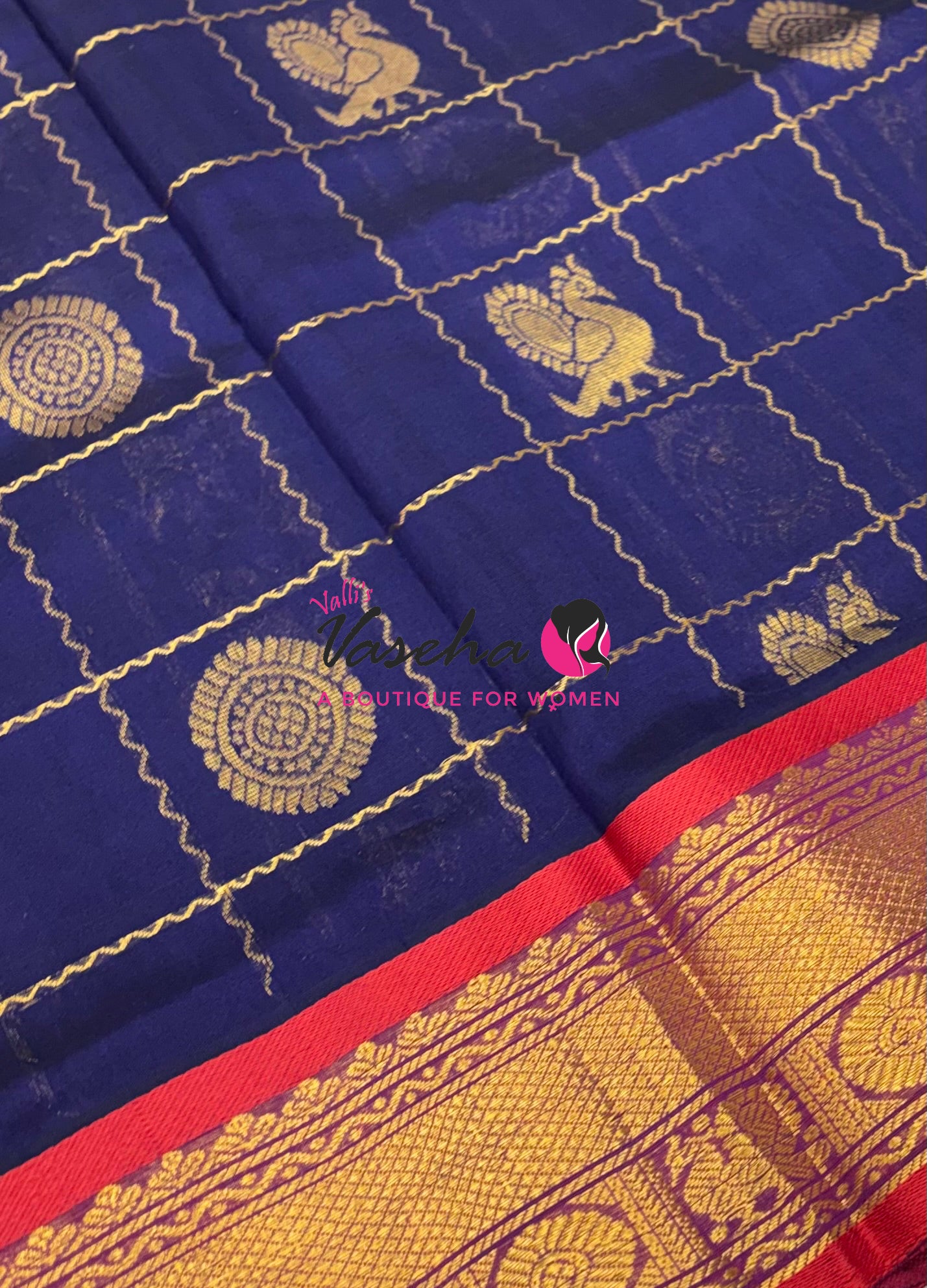 Pure Silk Cotton Saree - Mayil & Chakkaram Design - Navy Blue With Red VVMC001