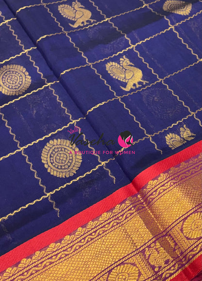 Pure Silk Cotton Saree - Mayil & Chakkaram Design - Navy Blue With Red VVMC001