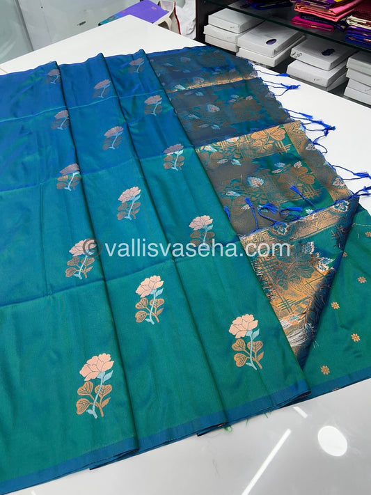 Semi Soft Silk - Border less - Peacock Bluish Green shade - VVSSS007