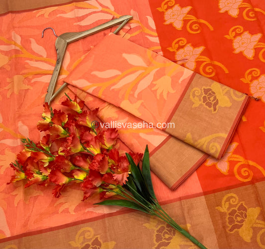 Banarasi Pochampally Weaving Semi Soft Cotton Saree - Peachish Orange with Orange - VVBPS001