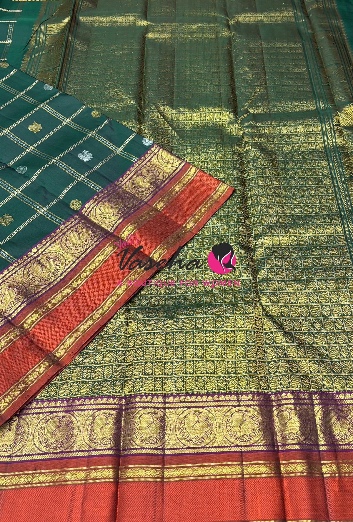 Pure Bridal Kanchipuram Silk Saree - Green & Peach Combo - VVPS074