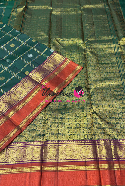 Pure Bridal Kanchipuram Silk Saree - Green & Peach Combo - VVPS074