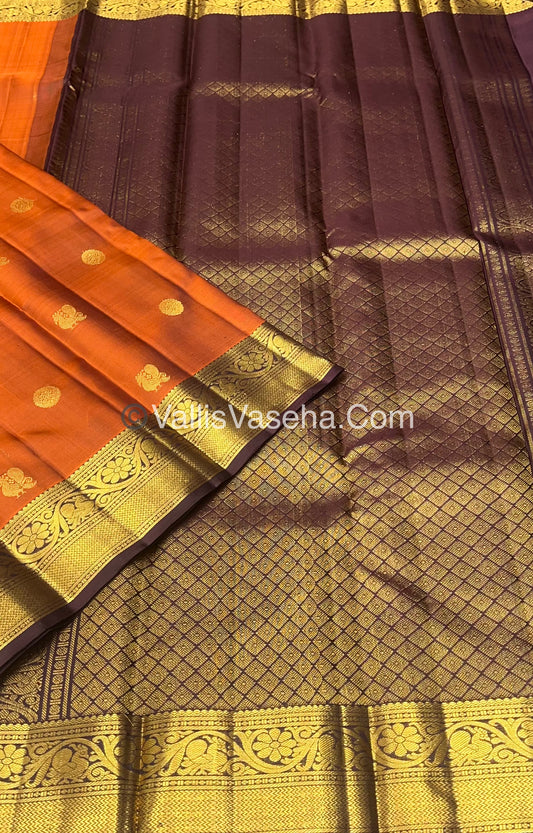 Pure Kanchipuram Silk Saree - Dark Rust Orange with Wine Brown Combo - VVPS021