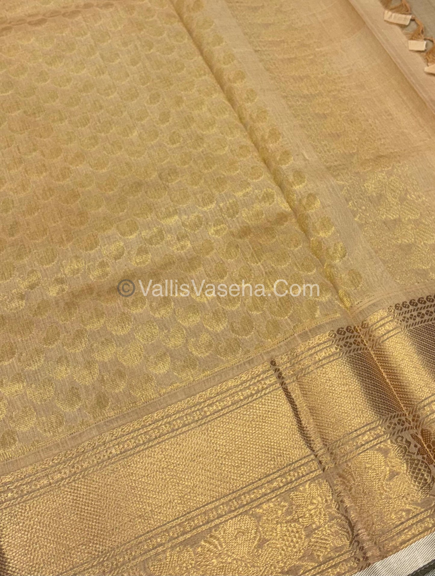Pure Korvai Silk Cotton - Checks Pattern - Green With Creamish Golden Shade  - VVKSC033