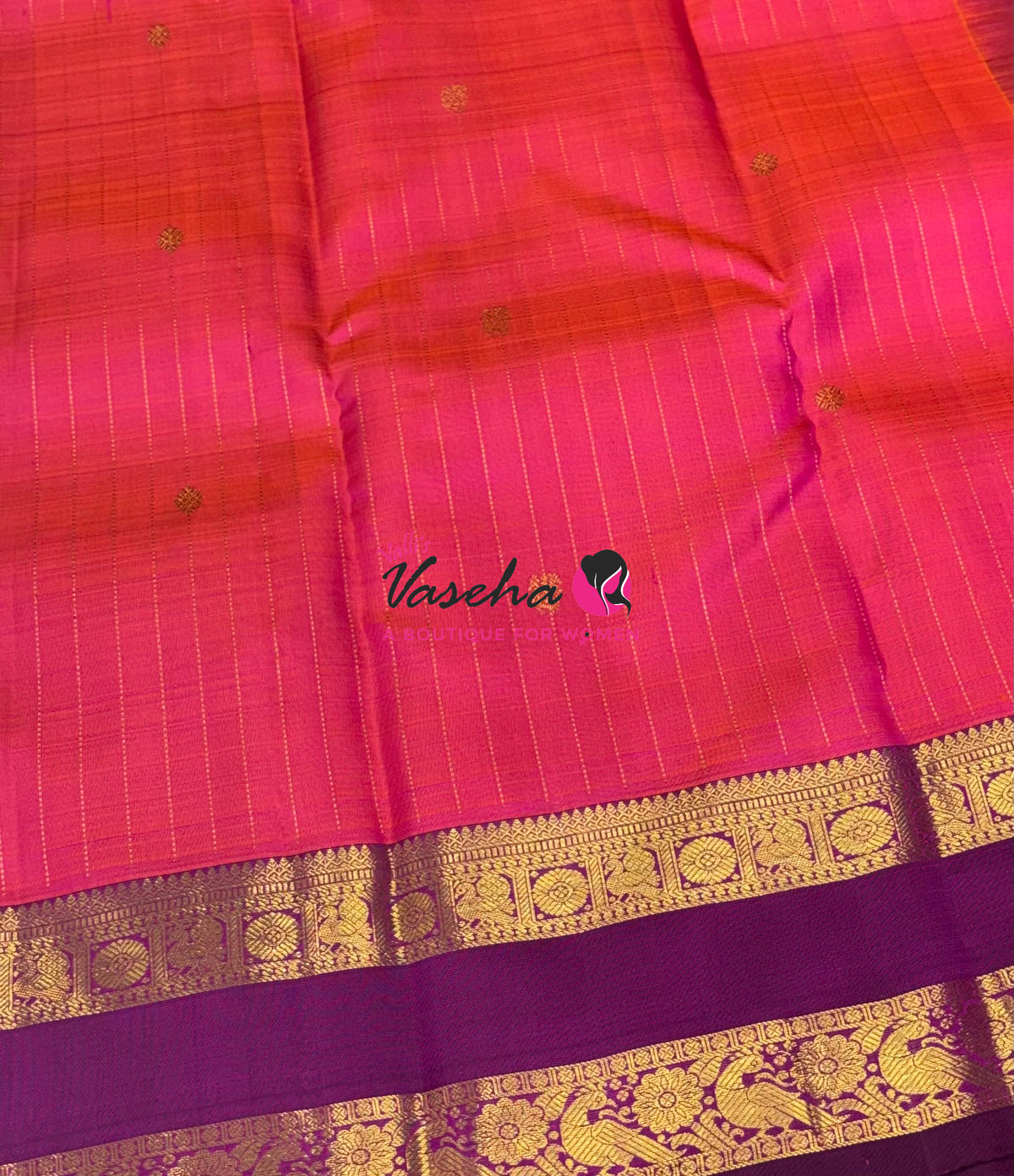 Pure Kanchipuram Silk Saree - Vairavoosi Design  - Peach With Purplish Pink - VVPS095
