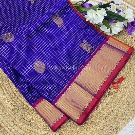 Pure Silk Cotton Saree - Mayil & Chakkaram Design - Dark Blue with - Red VVMC002