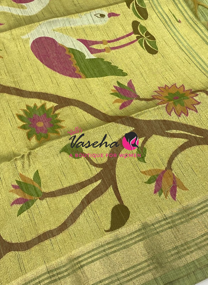 Muga Tissue Linen Saree - Green Shade - VVMLT002