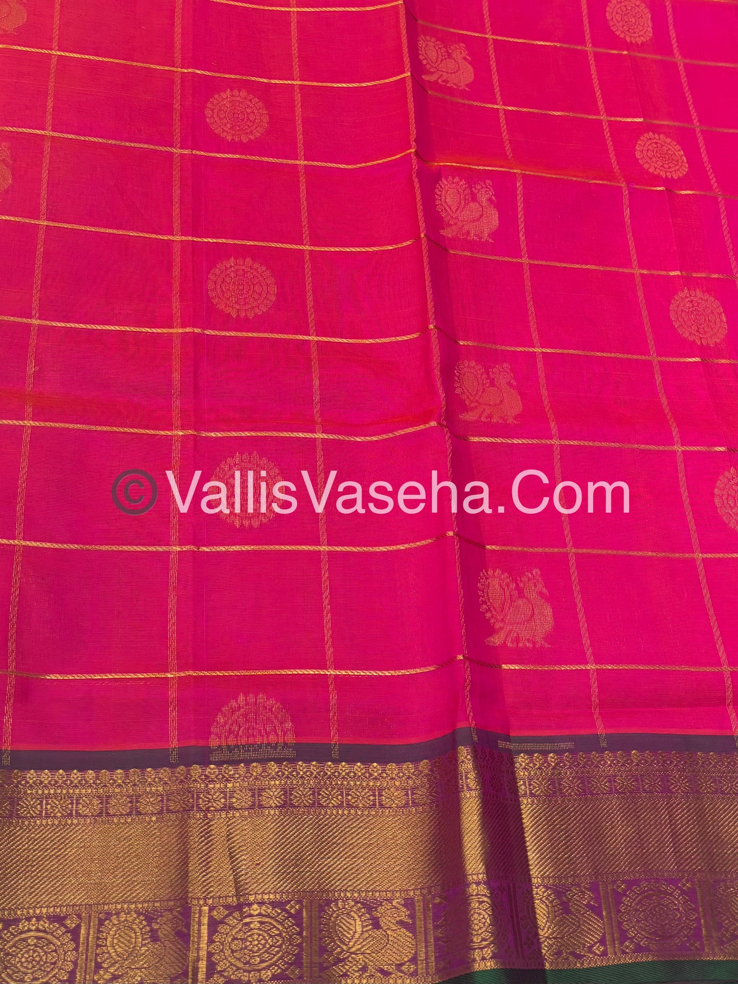 Pure Silk Cotton Saree - Mayil & Chakkaram Design - Pink with Green - VVMC001