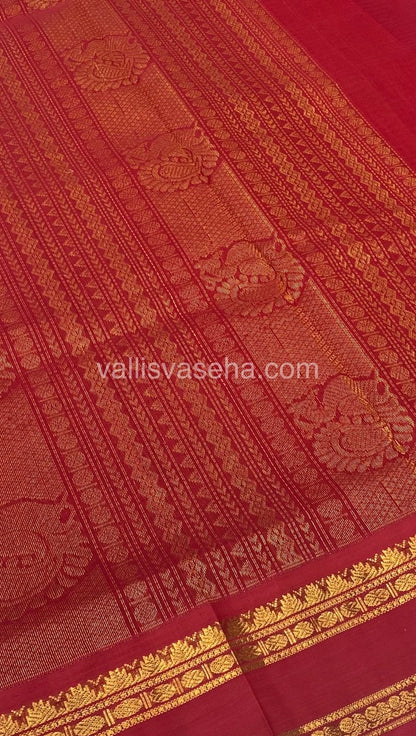 Pre Booking [5-7 weeks]|Pure Korvai Silk Cotton - Podi Kattam - Retta Petta Border - Black & White with Red - VVKSC003