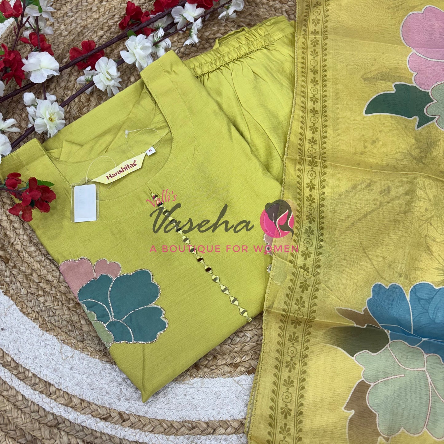 Readymade 3pc Set - Thread Embroidered - Lemon Yellow - VVRMS009