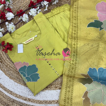 Readymade 3pc Set - Thread Embroidered - Lemon Yellow - VVRMS009