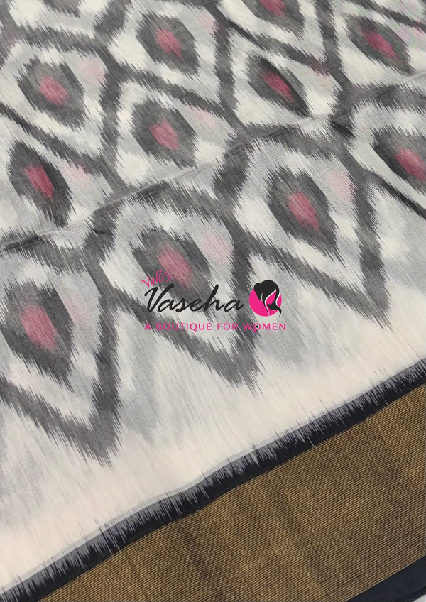 Pochampally Silk Cotton Saree - White  & Black Shade - VVPPS001