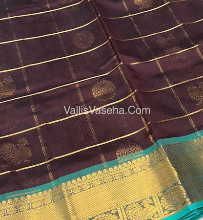 Pure Silk Cotton Saree - Mayil & Chakkaram Design - Brown With Blue - VVMC001