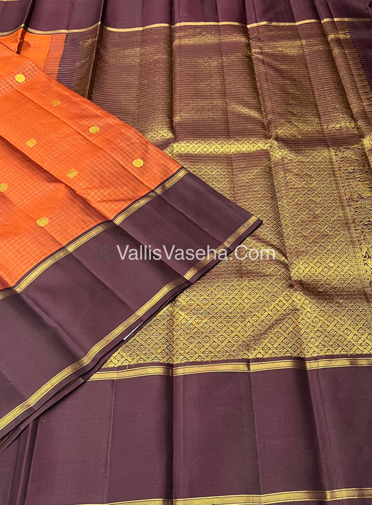 Pure Kanchipuram Silk Saree - Rust Orange With Wine Brown Shade  - VVPS022