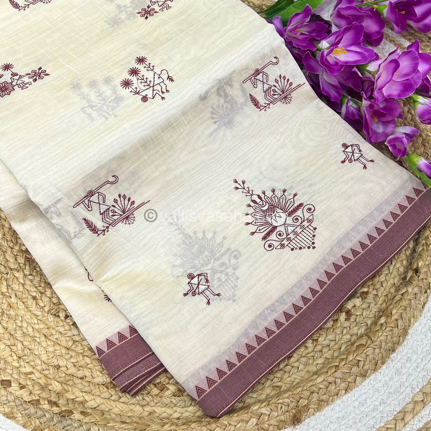 Semi Tussar Embroidery - Cream with Merun Combo - VVSTE001