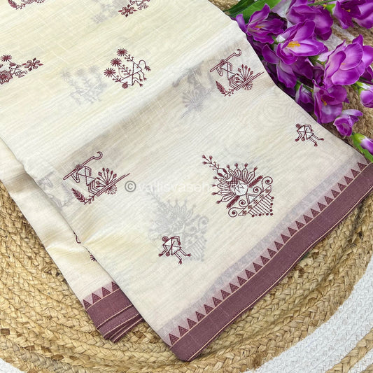 Semi Tussar Embroidery - Cream with Merun Combo - VVSTE001