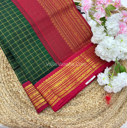 Pure Korvai Silk Cotton - Green with Red - Checks Pattern - VVKSC021
