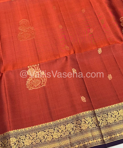 Pure Soft Silk Saree - Kanchi Border - Rust Orangish Brown & Dark Purple Combo - VVPSS046