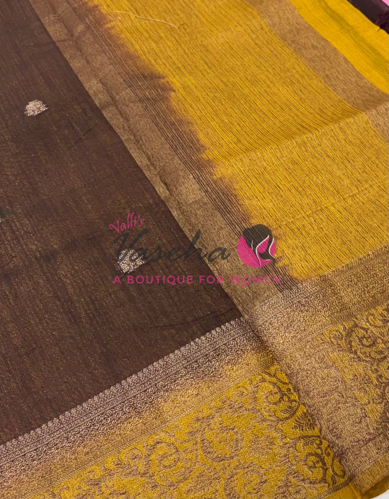 Bamboo Silk Saree- Brown with Yellow Shade - VVBSS015