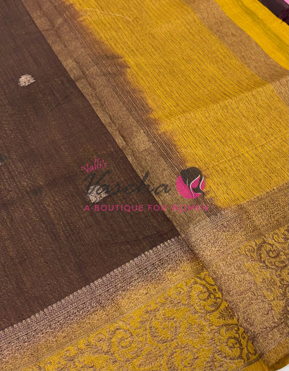 Bamboo Silk Saree- Brown with Yellow Shade - VVBSS015
