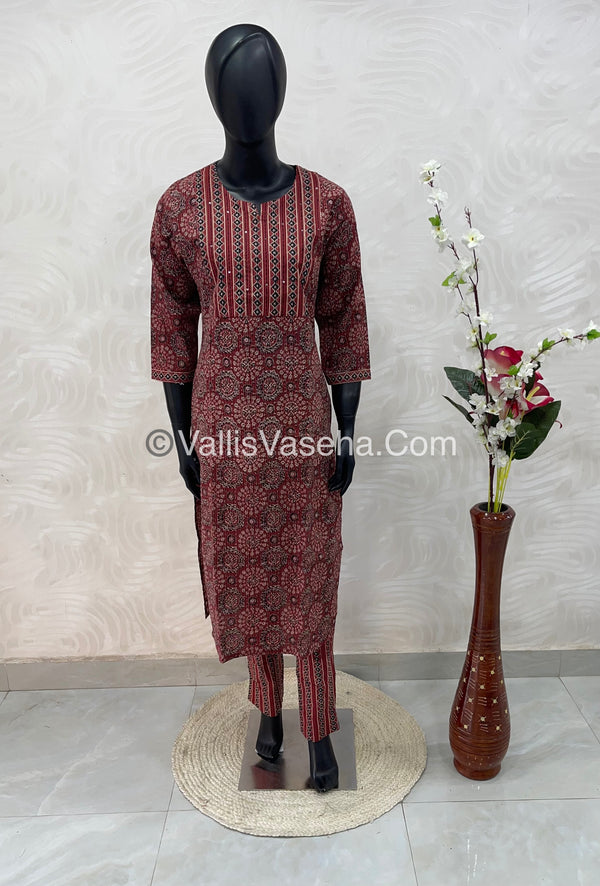 Trendy Printed  Cotton - Co-ord Set - Maroon Shade - VVRCS001