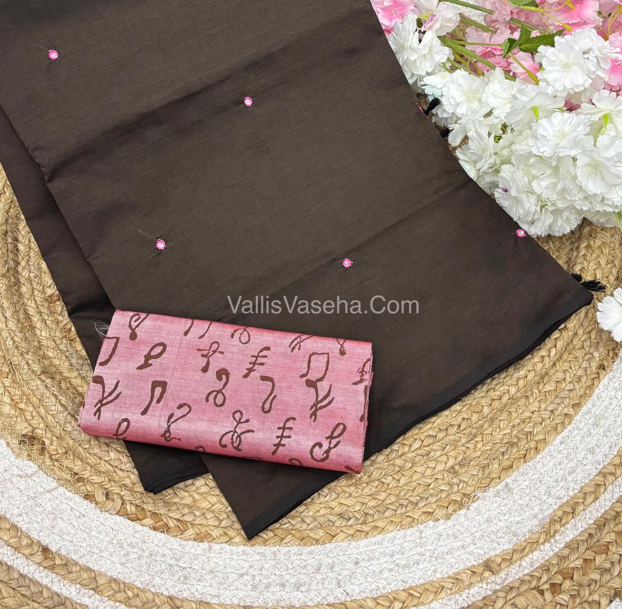 Poly Silk Mixed Cotton - Mirror Work Embroidery - Brown with Pink - VVPCM001