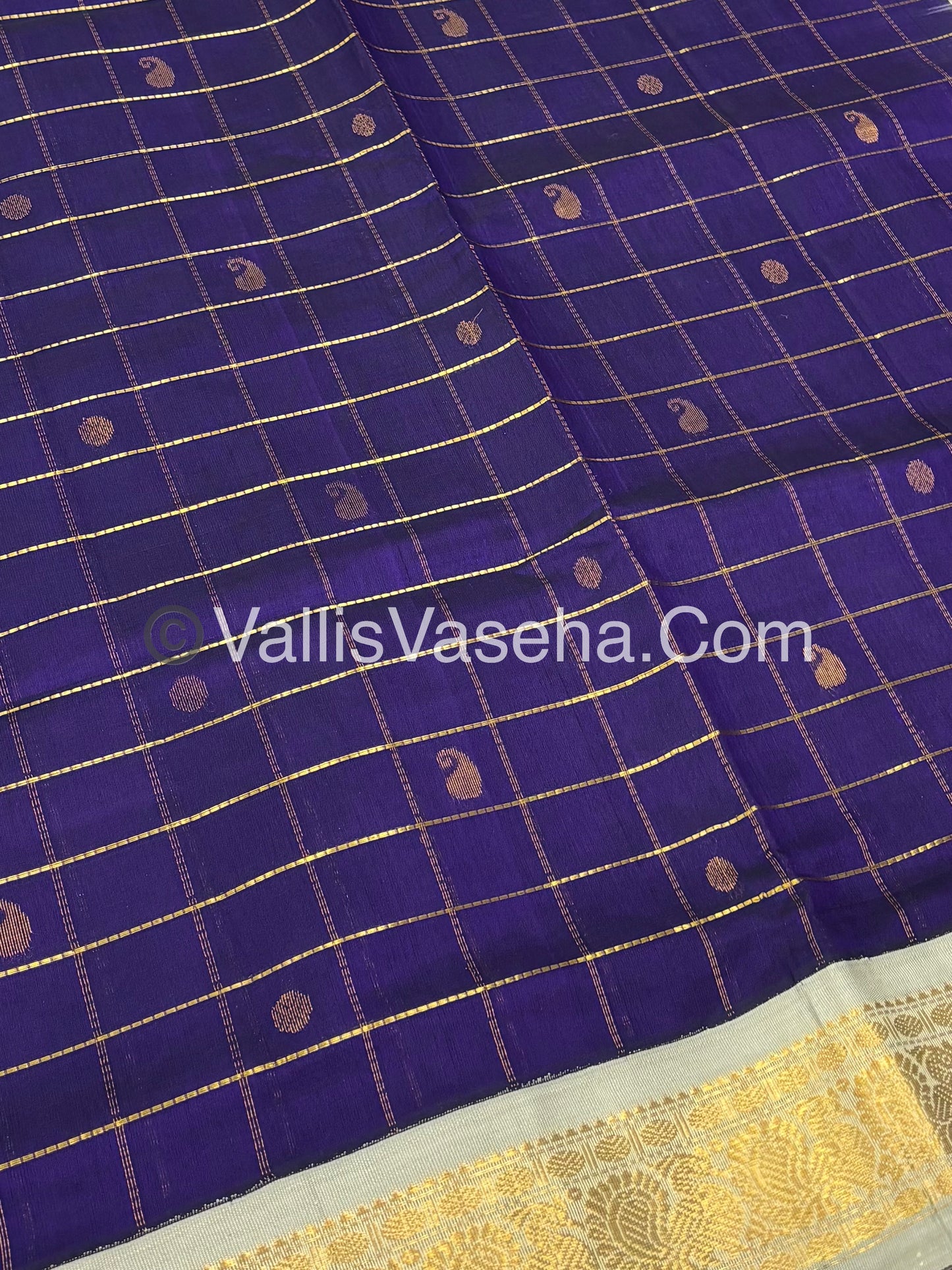 Pure Korvai Silk Cotton - Checks Pattern - Dark Lavender with Creamish Grey Shade  - VVKSC015