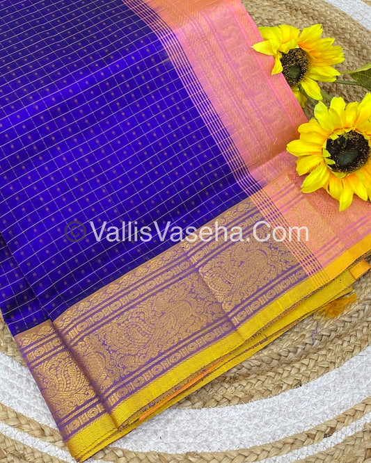 Pure Silk Cotton Saree - Blue With Peachish Pink Shade - Lakshadeepam Design - VVPLD001