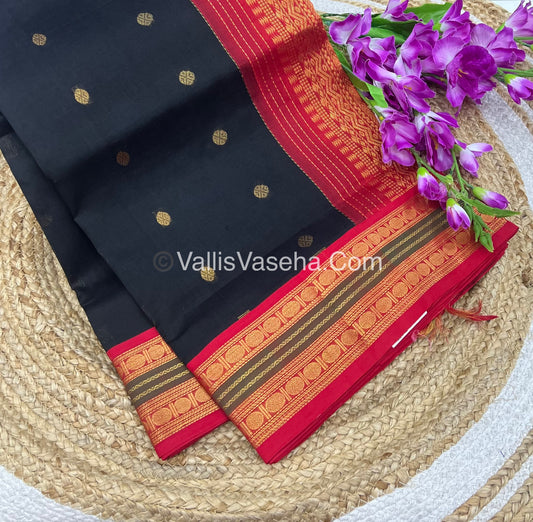 Pure Korvai Silk Cotton Saree - Black with Red - VVKSC004