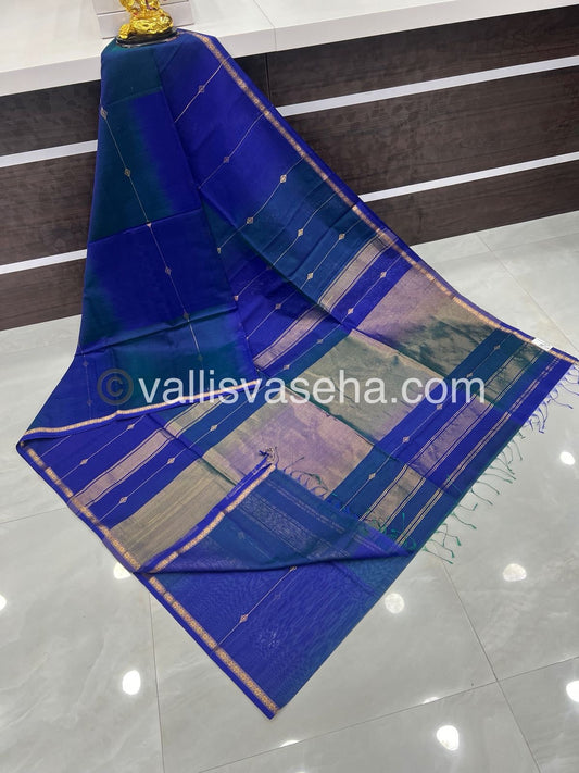 Pure Maheshwari Silk Cotton Saree - Double tone Bluish Green Color - VVMSC001