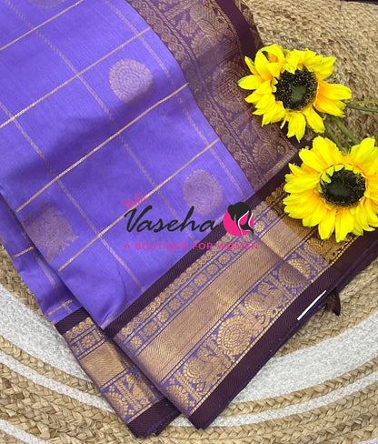 Pure Silk Cotton Saree - Mayil & Chakkaram Design - Lavender With Brown VVMC001