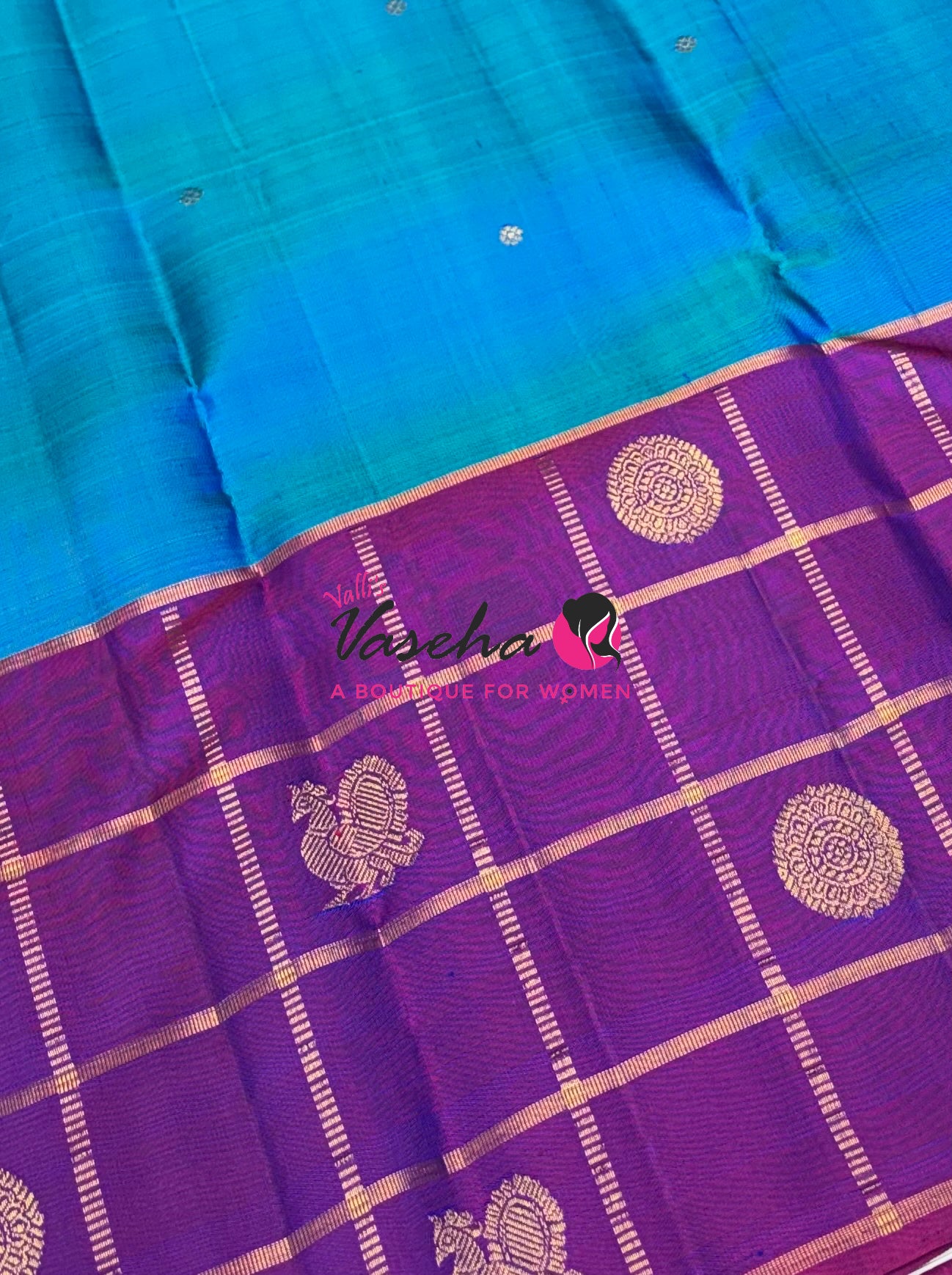 Pure Kanchipuram Silk Saree - Peacock Blue & Purple Shade  - VVPS027