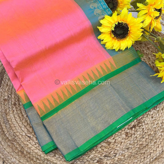 Pure Korvai Silk Cotton Saree - Pink  With Blue Shade Temple border - VVKSC001