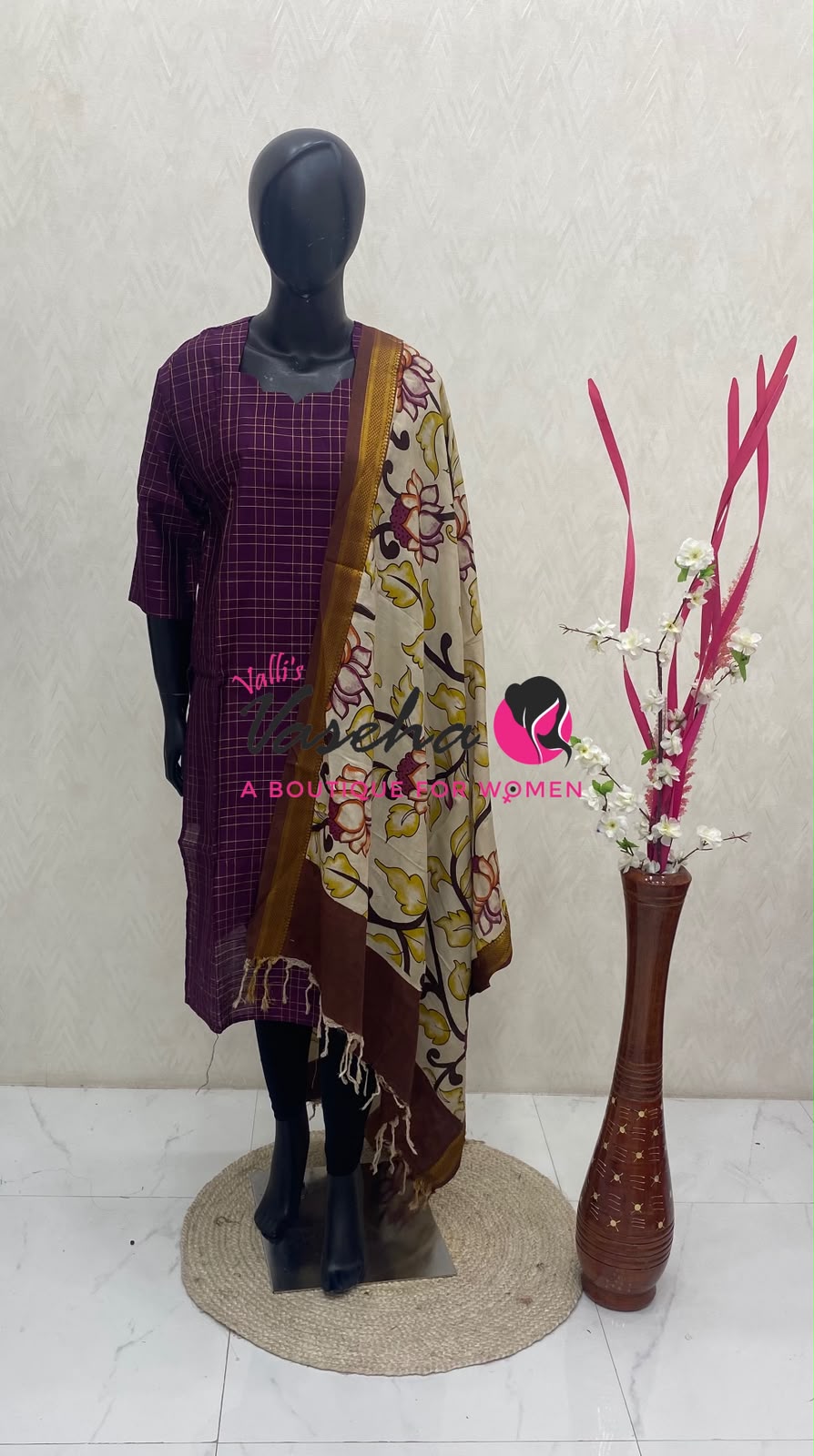Ready Made - Semi Raw Silk Kurti with Chennur Silk Kalamkari Duppatta - Dark Purple Shade - 2pc Set - VVSRK002