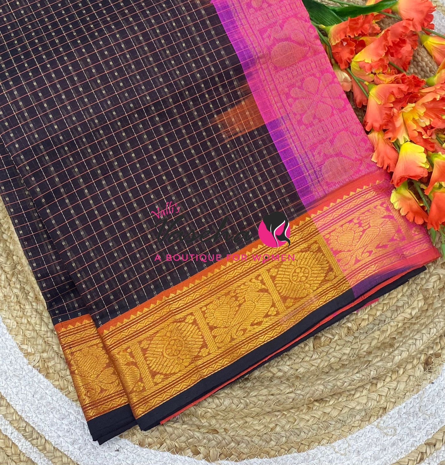 Pure Silk Cotton Saree - Brown With Pink Shade - Lakshadeepam Design - VVPLD001