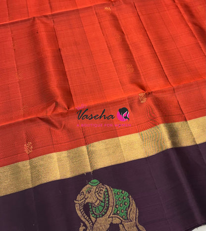 Half Mixed Soft Silk Saree - Rust Orange with Dark Purple - VVPSS028