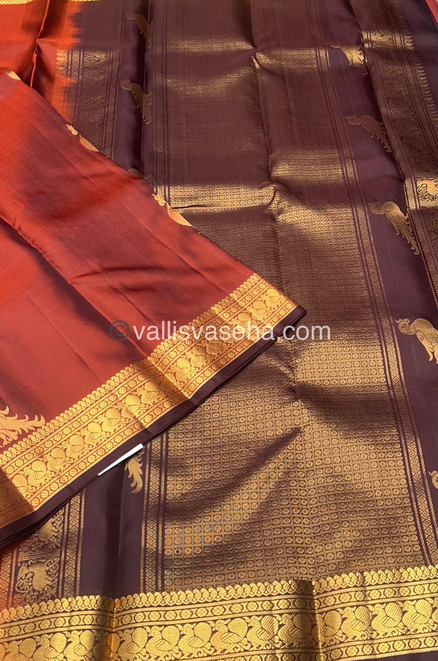 Pure Kanchipuram Silk Saree - Rust Orange & Brownish Wine Combo - VVPS018