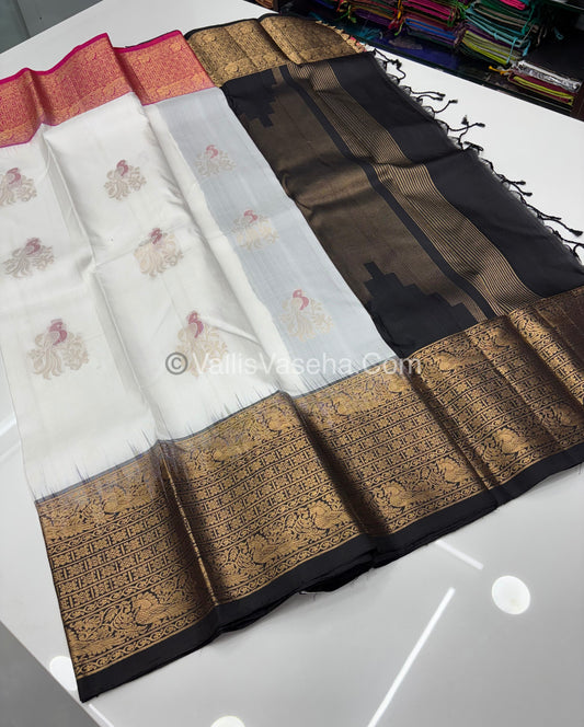 Pure Soft Silk Saree - Ganga Jamuna Style - White with Pink & Black - VVPSS028