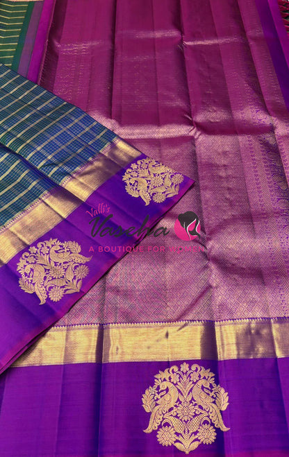 Pure Vintage Korvai Kanchipuram Silk Saree - Peacock Blue & Purplish Pink Combo - VVPS006