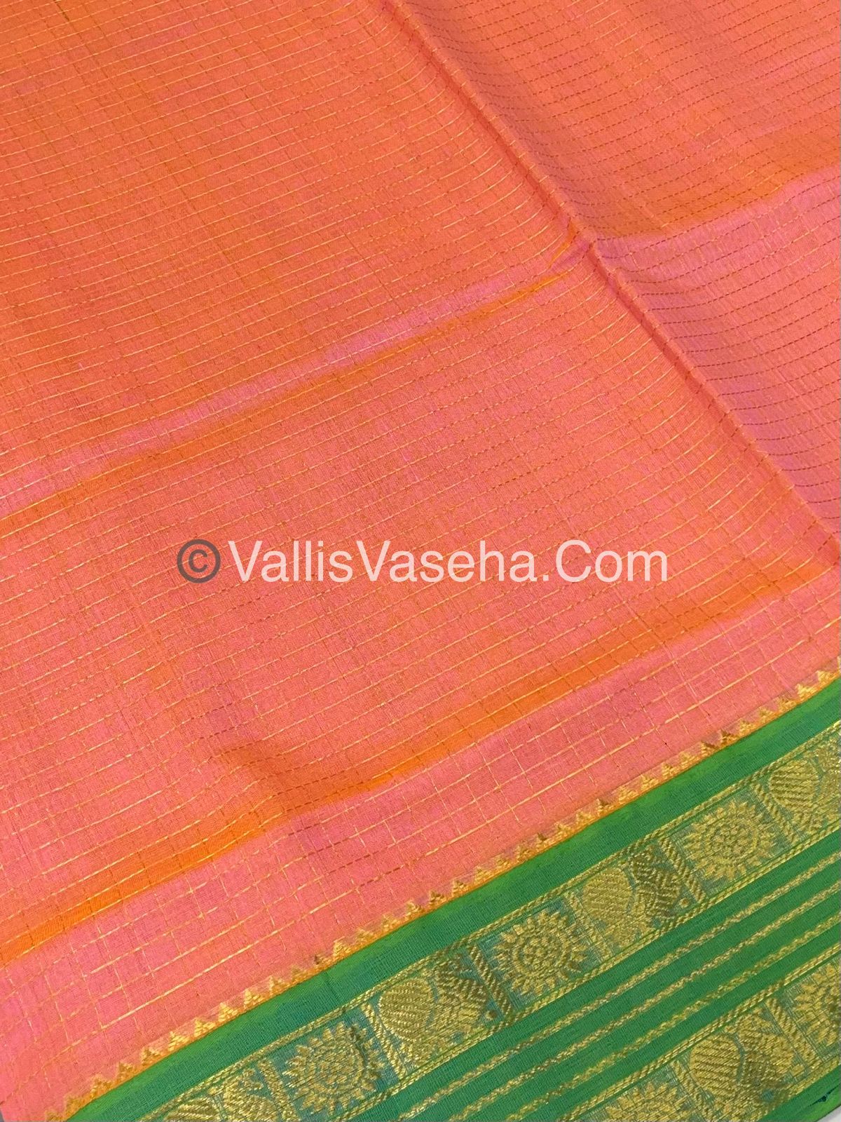 Pure Korvai Silk Cotton - Retta Petta Border - Double tone Pinkish Orange With Green Combo - VVKSC010