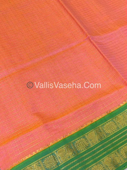 Pure Korvai Silk Cotton - Retta Petta Border - Double tone Pinkish Orange With Green Combo - VVKSC010