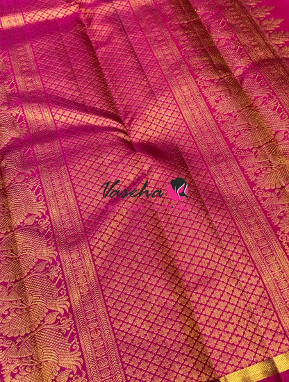 Pure Kanchipuram Silk Saree - Lemon Green with Pink - VVPS077